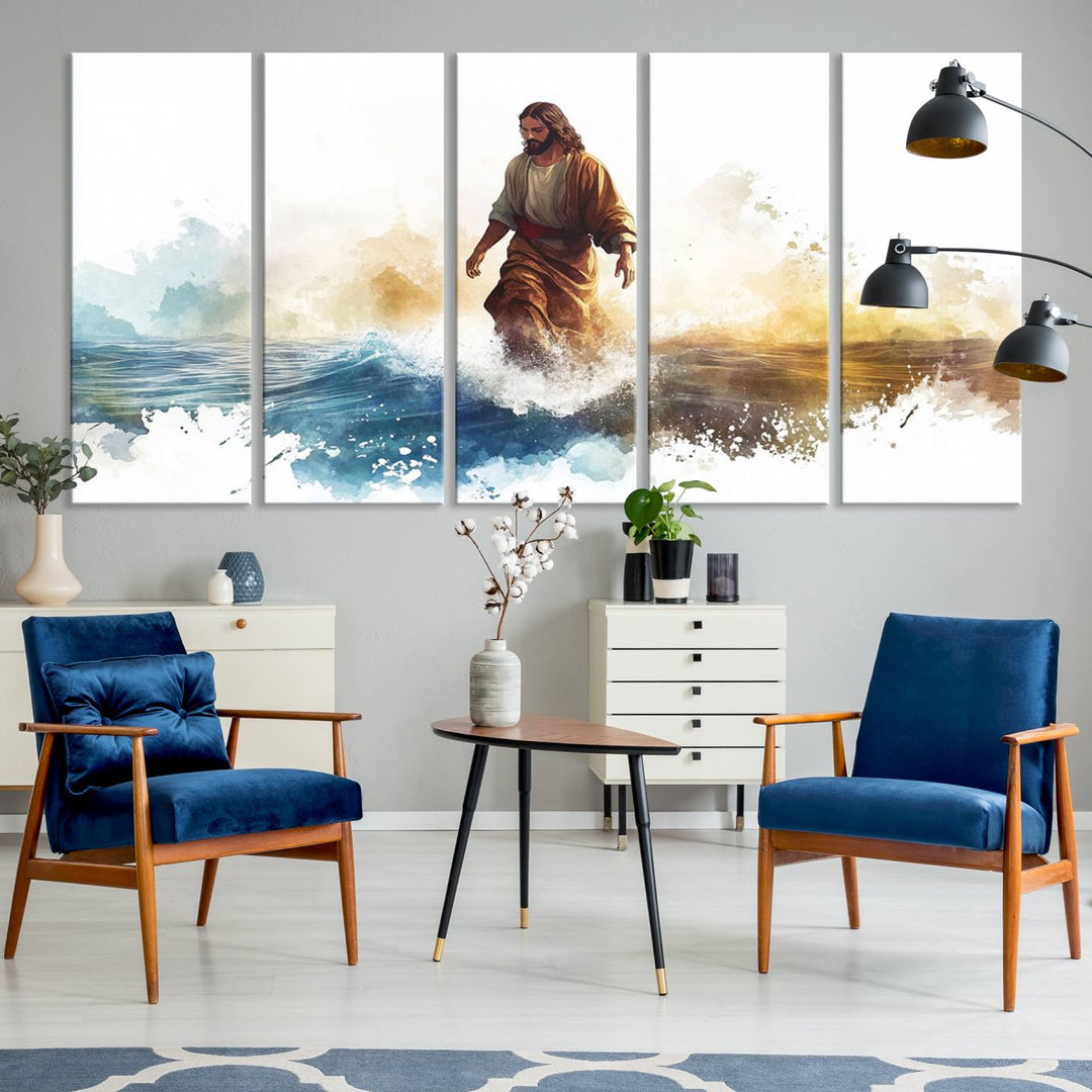 Watercolor Jesus Walking on Water Canvas Print, Christian Wall Art, Jesus Christ Walking