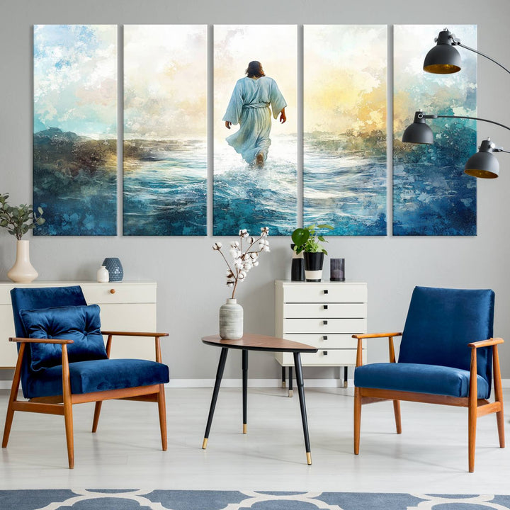 Watercolor Jesus Walking on Water Canvas Print, Christian Wall Art, Jesus Christ Walking