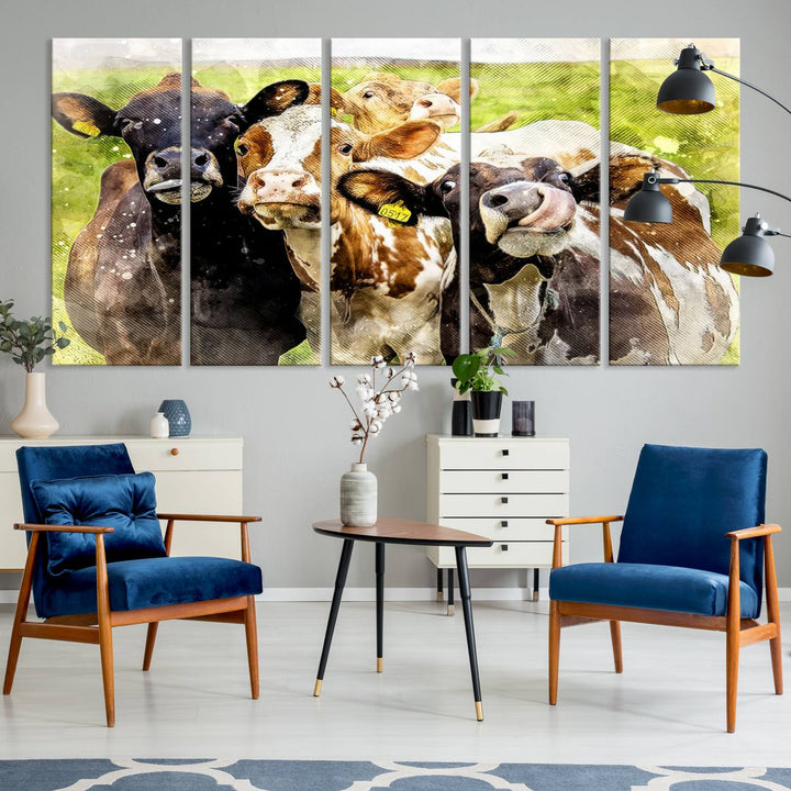 A charming triptych featuring the "Curious Cows Farmhouse Wall Art," a ready-to-hang and framed canvas print, adds a touch of rustic farm decor to the space.