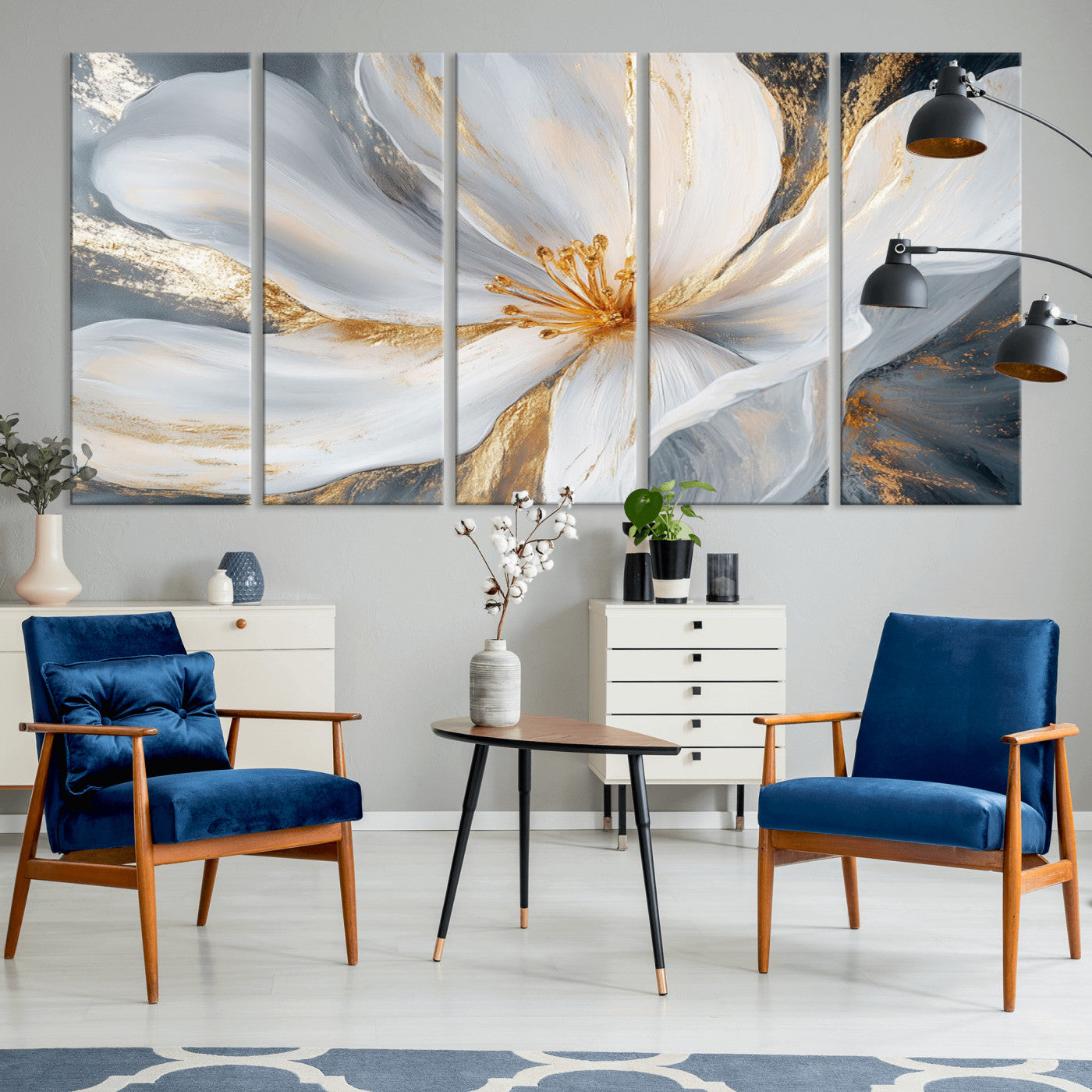 83149-MGV-CV-36X24-White and Gold Floral Canvas Wall Art - Framed and Ready to Hang - Perfect for Modern Living Rooms