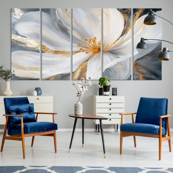 White and Gold Floral Canvas Wall Art - Framed and Ready to Hang - Perfect for Modern Living Rooms