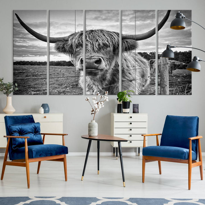 Scottish Highland Cow Wall Art Canvas Print | Ready to Hang and Framed | Rustic Farmhouse Decor