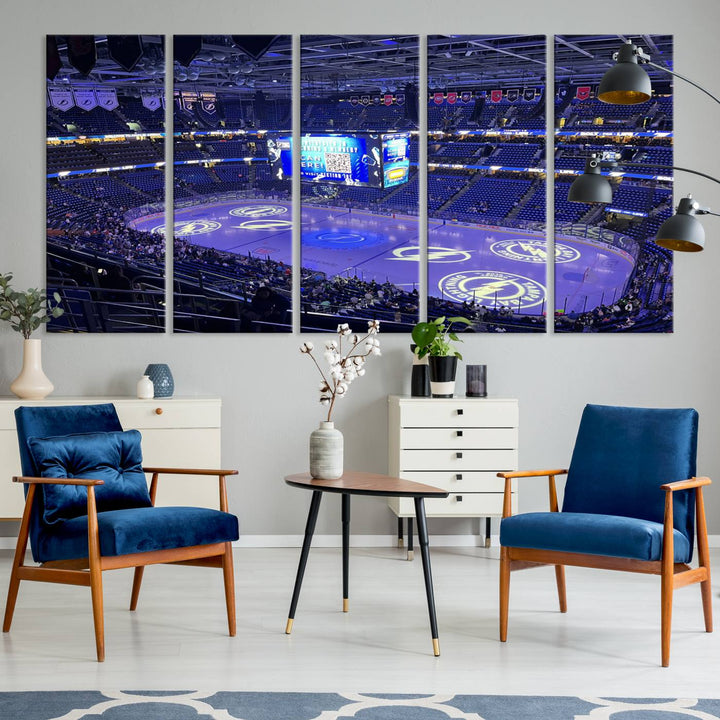 The wall art canvas print at Amalie Arena features team logos on ice, encapsulating the vibrant atmosphere of an NHL hockey stadium.