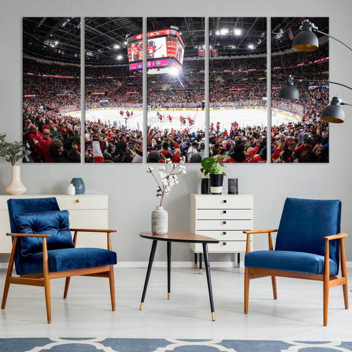 The wall art, a high-quality basketball arena canvas, evokes the excitement of fans cheering at the Amerant Bank Arena.