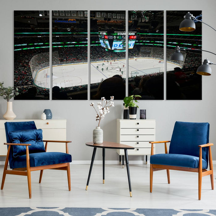 The Dallas Stars Wall Art Canvas Print is as clear as the scoreboard stats at a hockey game in a large arena with bright lights.