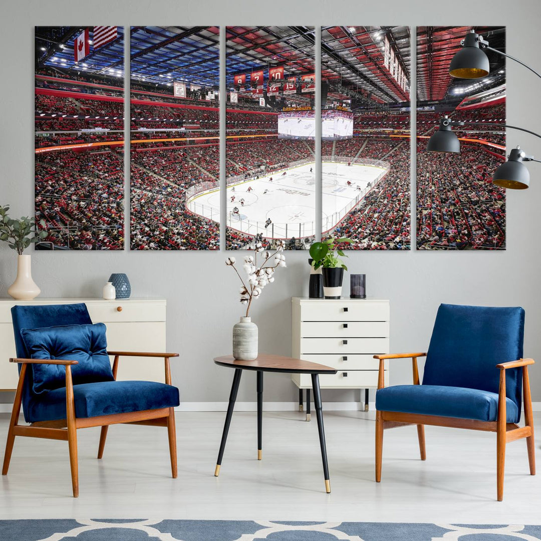 A Barton Malow canvas depicting Little Caesars Arena from above is beautifully printed in high resolution for your wall.