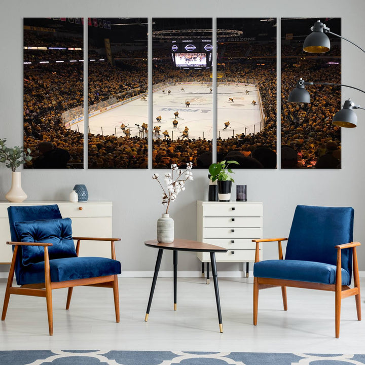 A captivating triptych canvas print, titled "Bridgestone Arena - Nashville Predators Hockey Team Print," adorns the wall. This Nashville wall art canvas print is perfect for Predators fans who appreciate sports-themed decor.