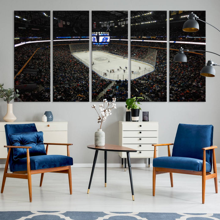 The nautical-themed room is enhanced by the KeyBank Center New York Buffalo Sabres Hockey Stadium Wall Art Canvas Print, a three-panel depiction of a bustling hockey arena with a gallery-quality finish. This canvas artwork, handmade in the USA, introduces an element of sporting elegance to your decor.