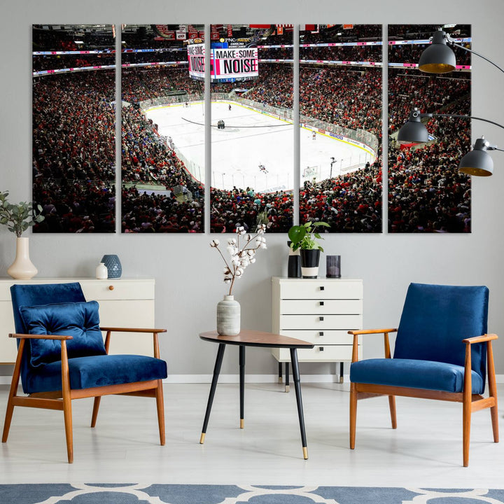 The living room features the PNC Arena Raleigh North Carolina Hurricanes Hockey Stadium Wall Art Canvas Print, which depicts a crowded ice hockey stadium with enthusiastic fans and an ongoing game, all rendered in high-resolution on museum-quality canvas.