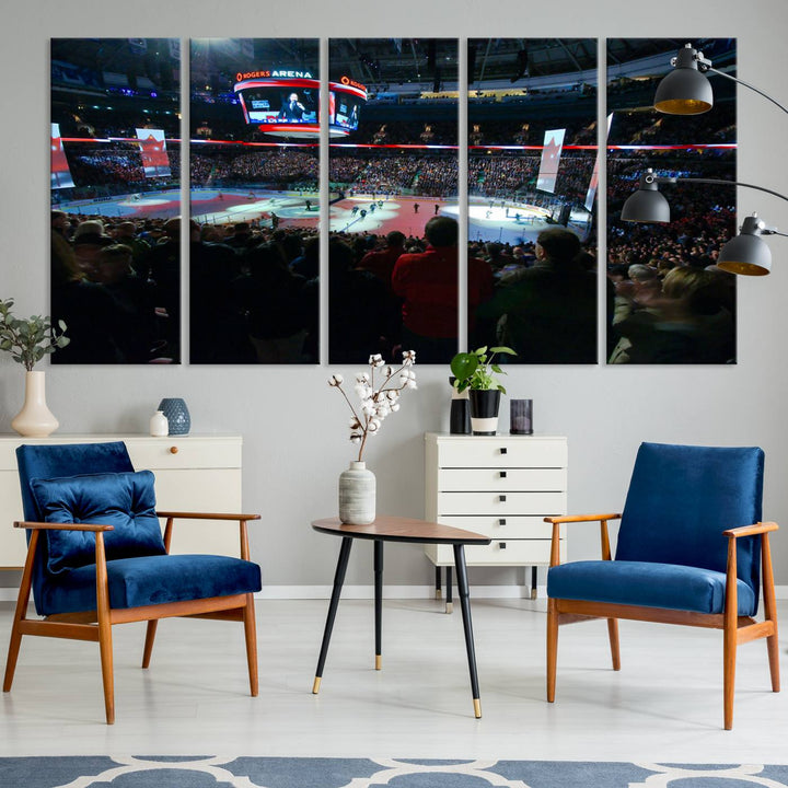 Experience the intense atmosphere of a full-capacity ice hockey game at Rogers Arena, home of the Vancouver Canucks, captured on museum-quality canvas.