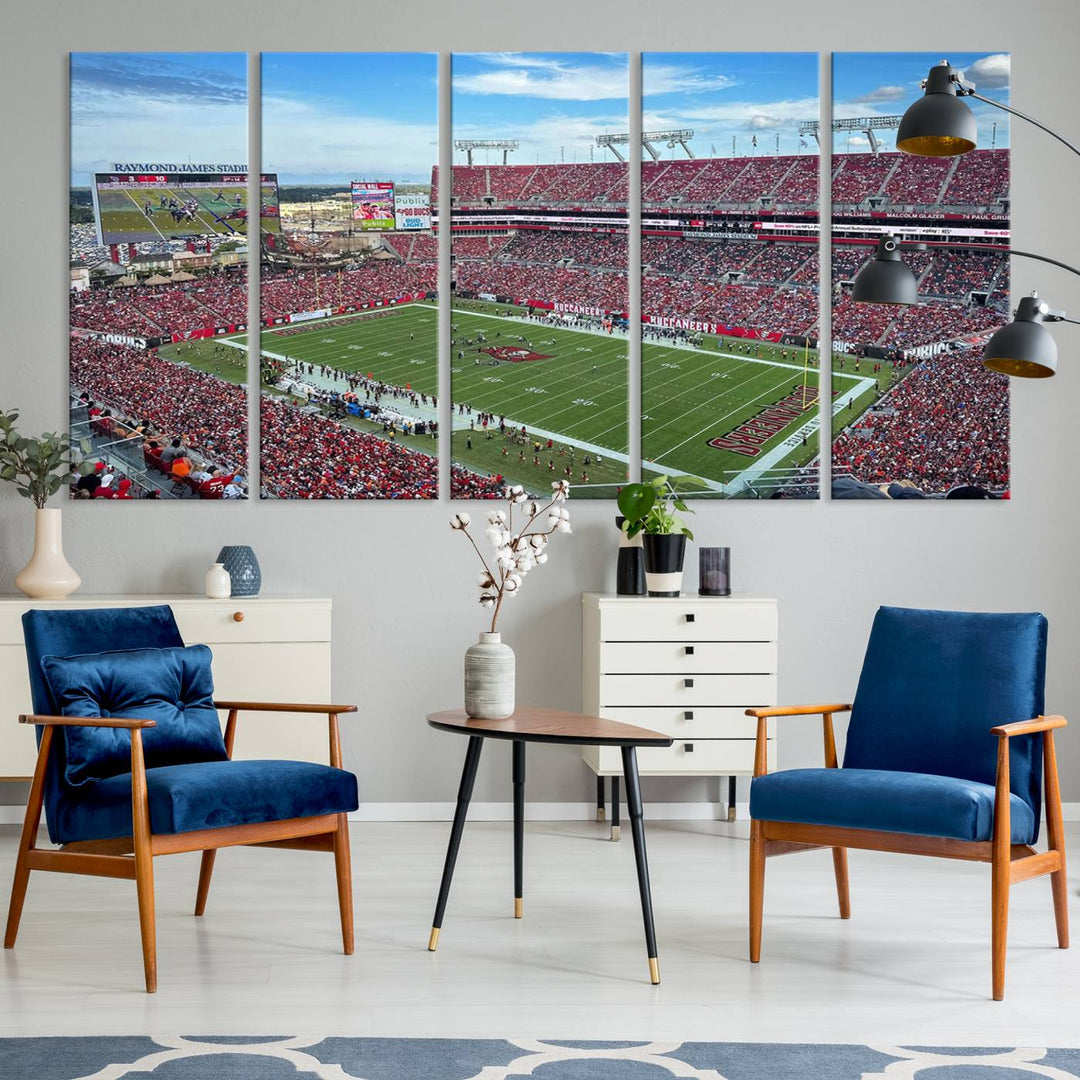 The Florida Tampa Raymond James Stadium Wall Art Canvas Print is featured above the cabinet.