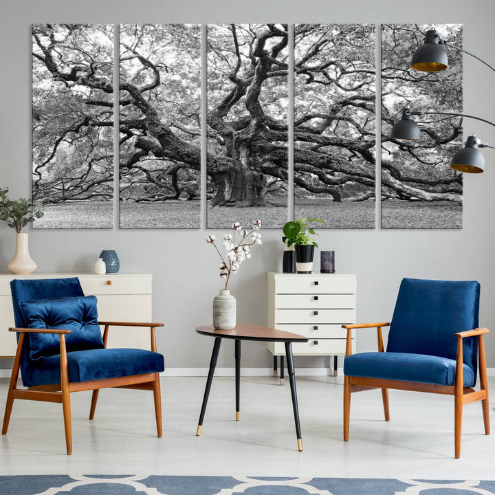 Black White Angel Oak Tree Wall Art - Timeless Nature-Inspired Canvas for Rustic, Modern, or Traditional Home Decor