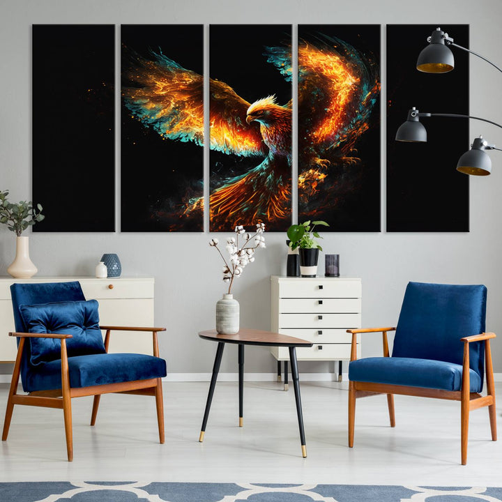 Fiery Phoenix Canvas Print | Ready to Hang Wall Art | Bold Fantasy Decor for Living Room | Majestic Bird Artwork