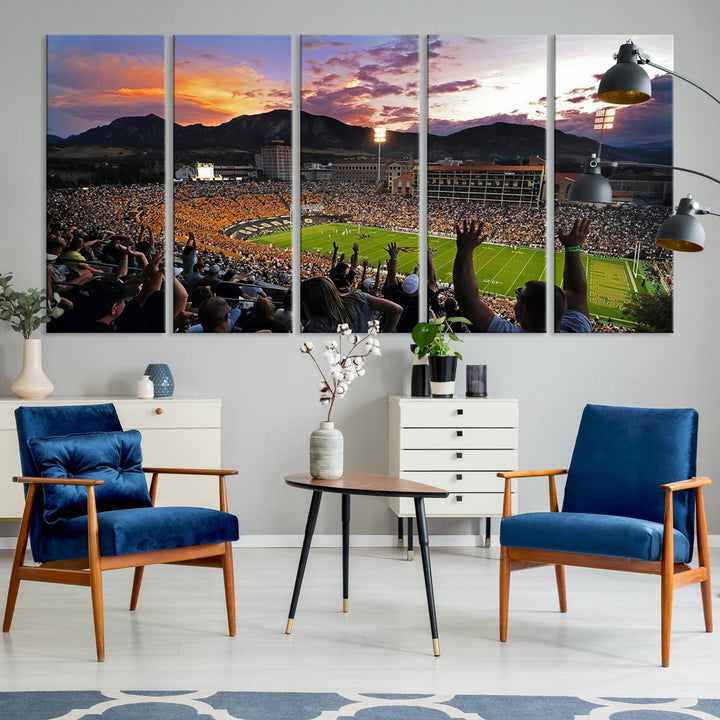 The Folsom Field Stadium Print beautifully captures the Colorado Buffaloes stadium at sunset, set against a stunning mountain backdrop.