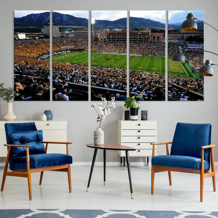 A canvas print captures the Colorado Buffaloes at Folsom Field, framed by mountains in the background.