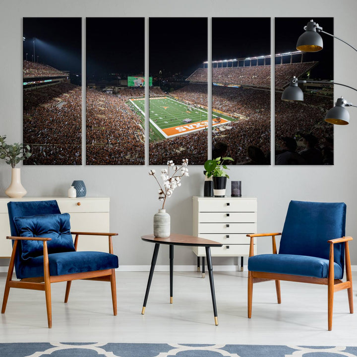 A football game at a packed stadium is captured on the University of Texas Longhorns Stadium Canvas Print.