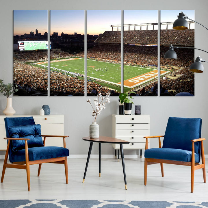 The Evening Game canvas art captures a glowing sunset and skyline at Texas Longhorns Darrell K Royal Stadium.