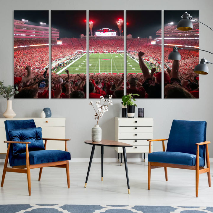 The University of Nebraska Cornhuskers Football Team Print, a vibrant three-panel canvas depicting Lincoln Memorial Stadium filled with enthusiastic fans from the end zone perspective, features a gallery-quality finish.