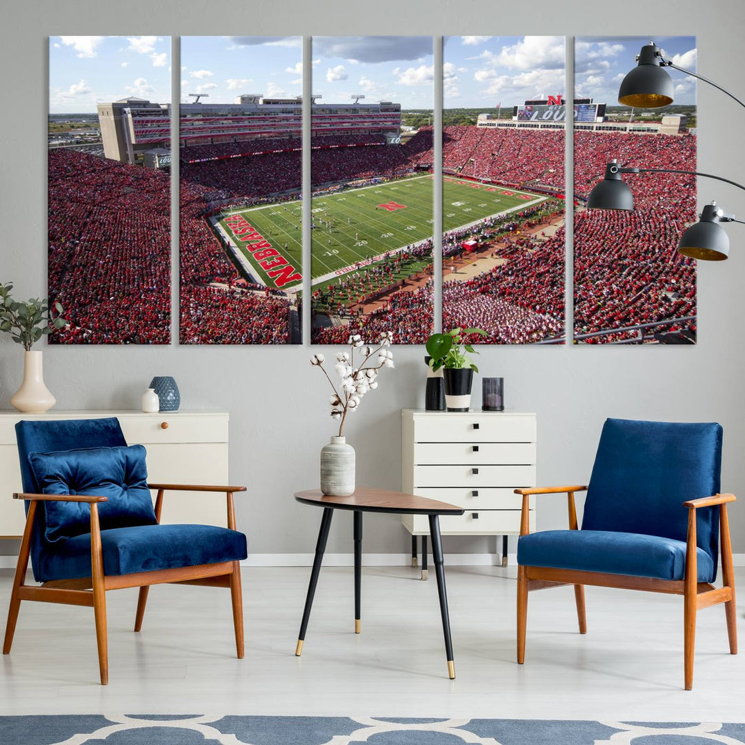 The University of Nebraska Cornhuskers Football Team Print showcases a vibrant triptych of Lincoln Memorial Stadium, depicting a packed football stadium filled with energetic fans. This handmade art piece is crafted in the USA and printed on premium canvas for a gallery-quality finish.