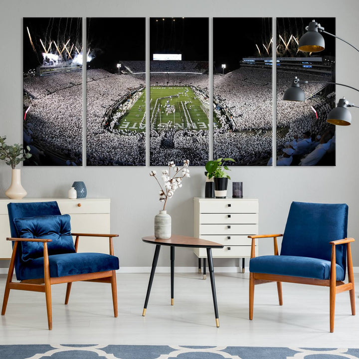 Wide-angle print of a packed stadium with fireworks, ideal gallery-quality wall art - Penn State Nittany Lions Canvas.