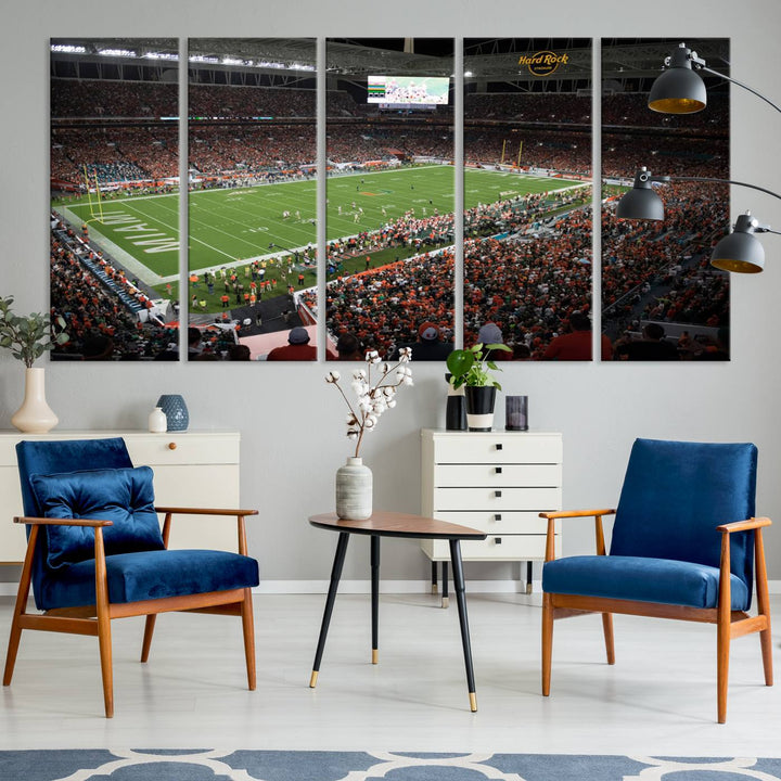 Aerial view of a Miami Hurricanes game at Hard Rock Stadium captured on canvas print, showcasing the teams on the field and fans in the stands.