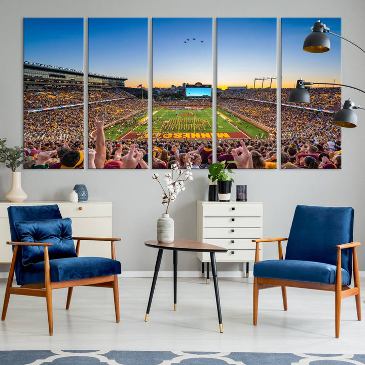 Canvas wall art featuring the University of Minnesota Football Team print, showcasing Huntington Bank Stadium at sunset with jets overhead.