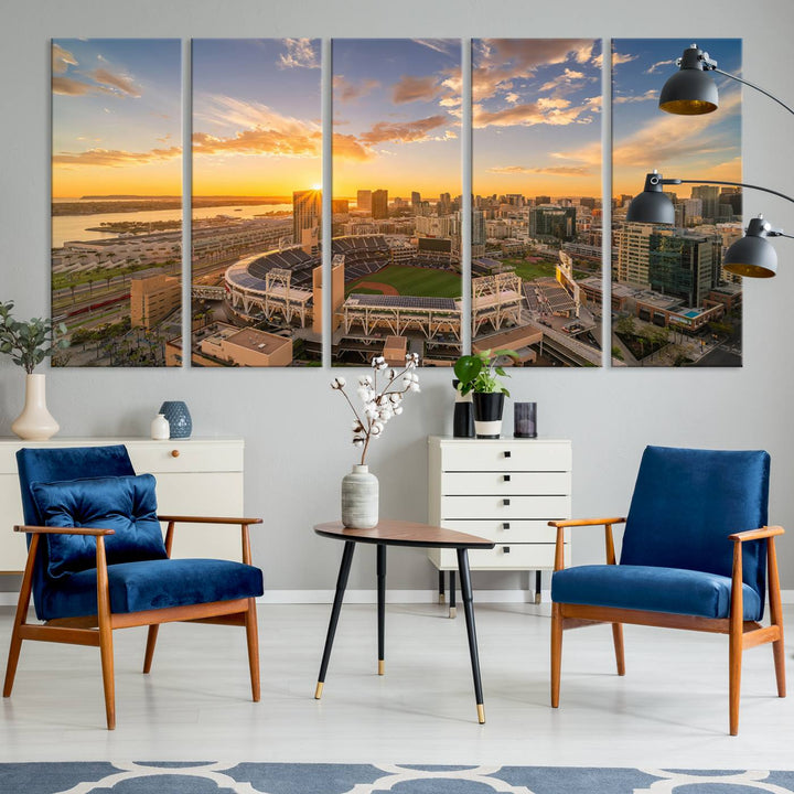 Petco Park Sunset Triple Canvas Wall Art - San Diego Cityscape and MLB Game - Home of the San Diego Padres