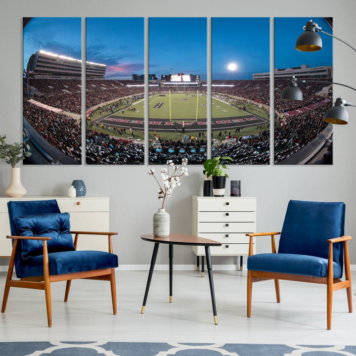 The wall art in the living room features a Texas Tech Red Raiders Football Team Print, showcasing Jones AT&T Stadium at dusk.