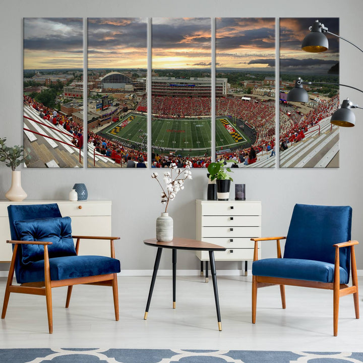 The University of Maryland Terrapins Football Team Print features SECU Stadium at sunset with vibrant skies.