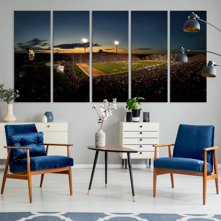 Ball State Cardinals Football Team Print - Muncie Scheumann Stadium Canvas featuring a sunset, floodlights, and lively crowd.