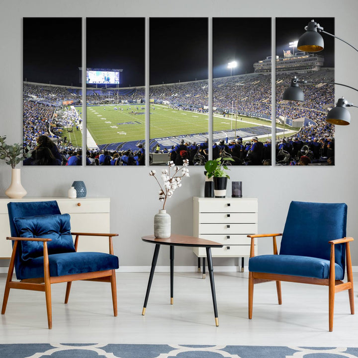 A vibrant depiction of Liberty Stadium at night, highlighting a Tigers football game on the large screen with stands filled with enthusiastic fans.