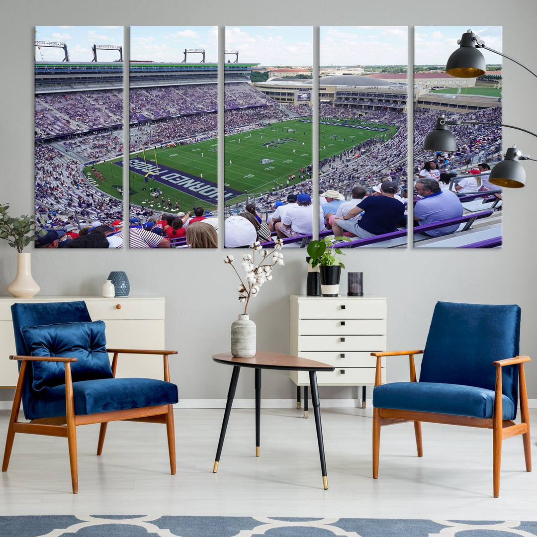 Amon G. Carter Stadium wall art canvas showcasing the TCU Horned Frogs and packed stands at Fort Worth.