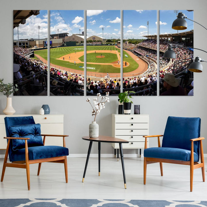 A baseball stadium under a blue sky, capturing the energy of The Texas A&M Aggies Athletics Kyle Field Wall Art.