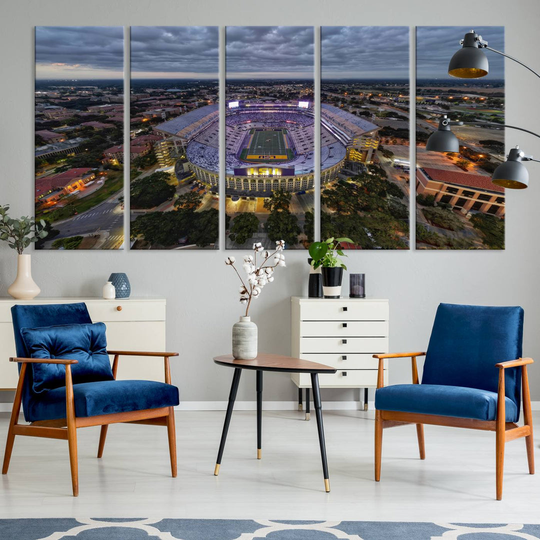 The LSU Tigers Football Team Baton Rouge Tiger Stadium Canvas is displayed prominently, capturing attention with its vivid depiction of the iconic stadium.