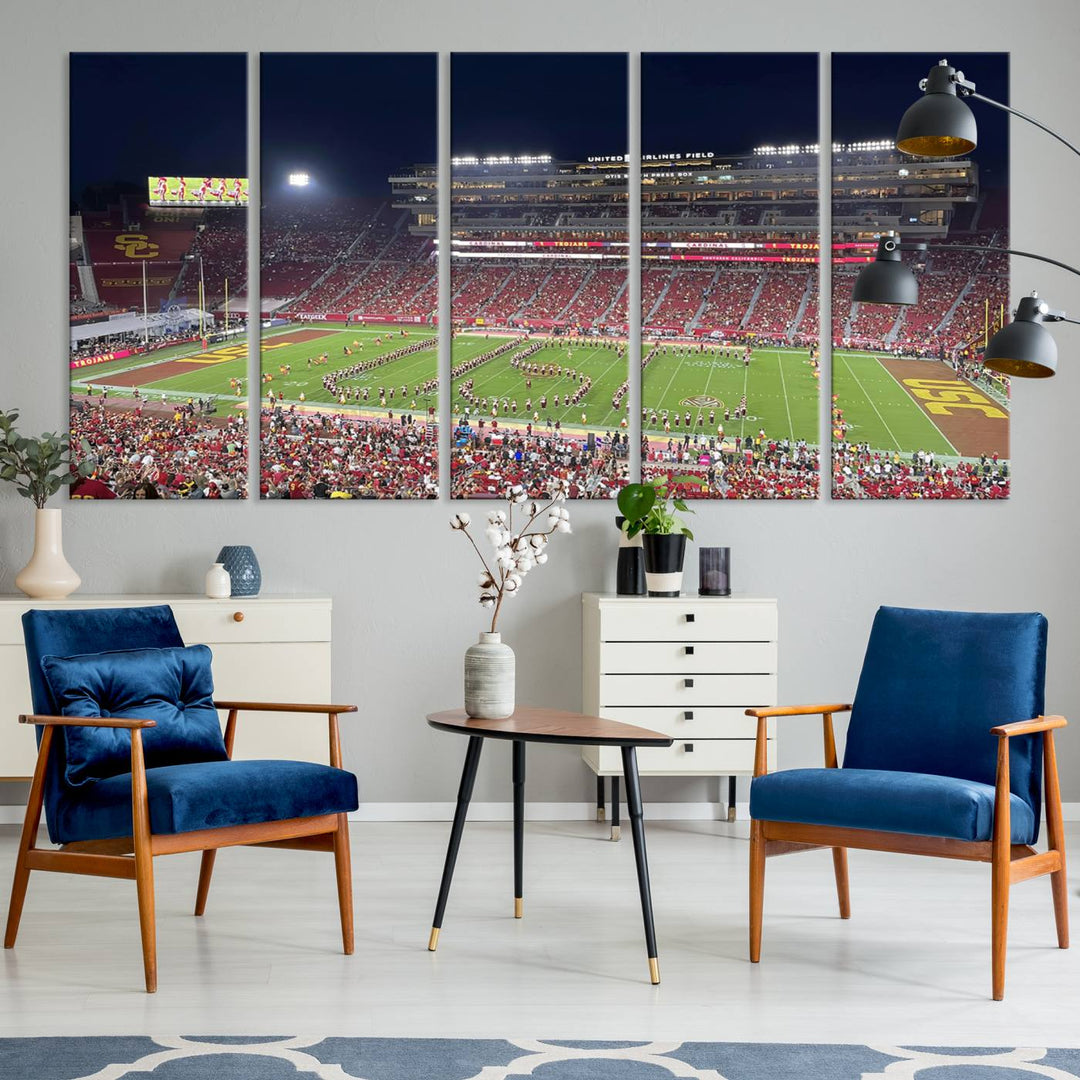 Canvas print depicting a packed stadium at night with a marching band forming USC, celebrating the Trojans at Los Angeles Memorial Coliseum.