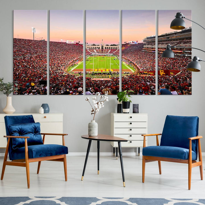 A USC Trojans wall art canvas print highlights the scene, depicting the Coliseum Stadium at sunset.