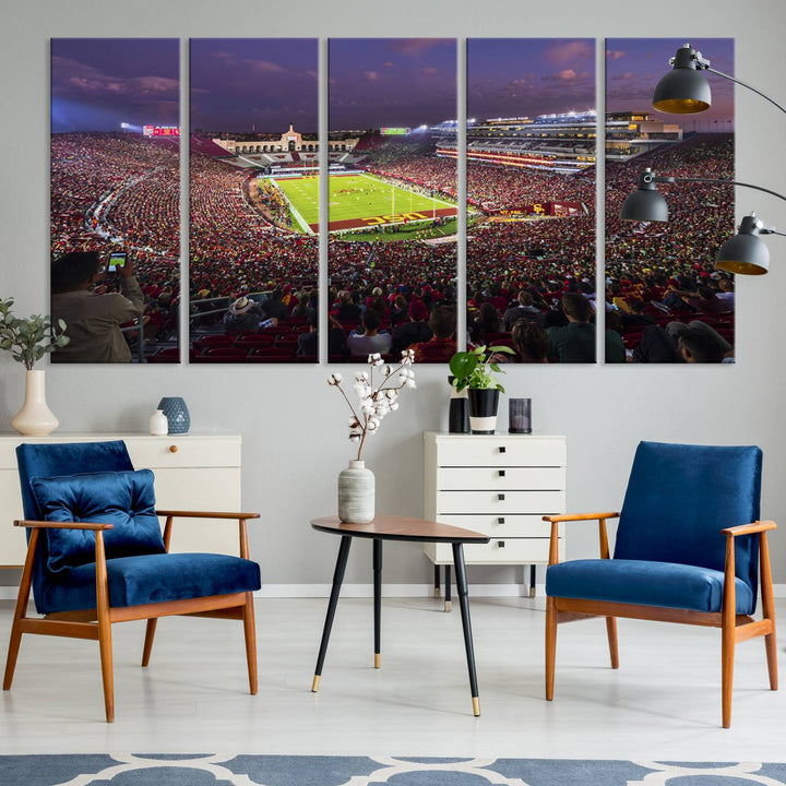 The vibrant wall art canvas print captures the USC Trojans playing under lights at dusk in LA Memorial Coliseum.