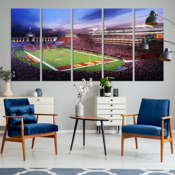 A vibrant painting of fans cheering for The University of Southern California USC Trojans under bright stadium lights.