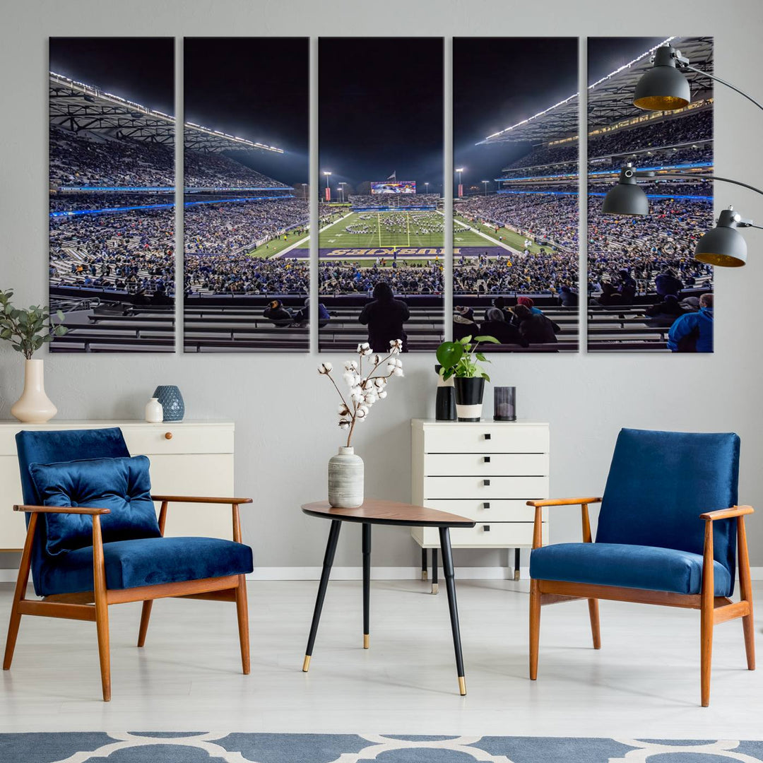 A canvas print titled The University of Washington Huskies Football depicts a packed Husky Stadium at night, as seen from the stands.