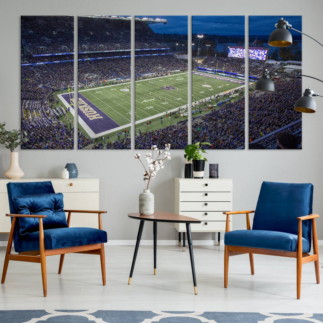 The University of Washington Huskies Football Team Print: Seattle Husky Stadium Wall Art Canvas captures a dusk stadium view.