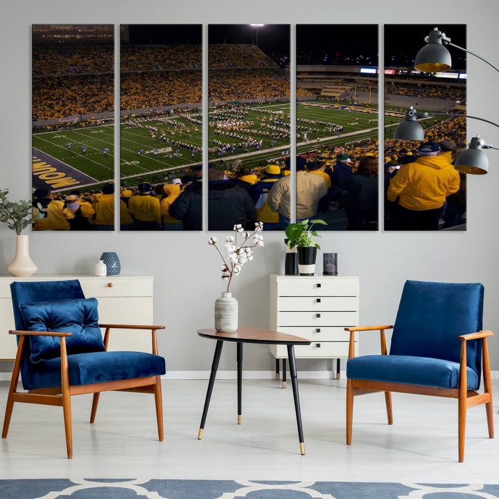 West Virginia Uni Mountaineers Football Team Print - Milan Puskar Stadium Canvas Print Wall Art, Morgantown Print