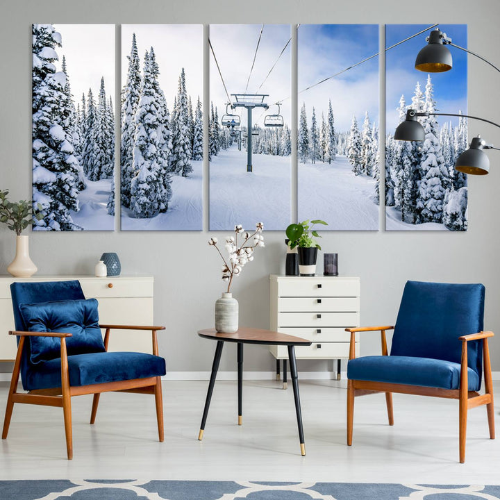 Winter Ski Lift Landscape Wall Art | Snowy Mountain Adventure | Framed and Ready to Hang | Perfect for Cabin Wall Art, Farmhouse Decor