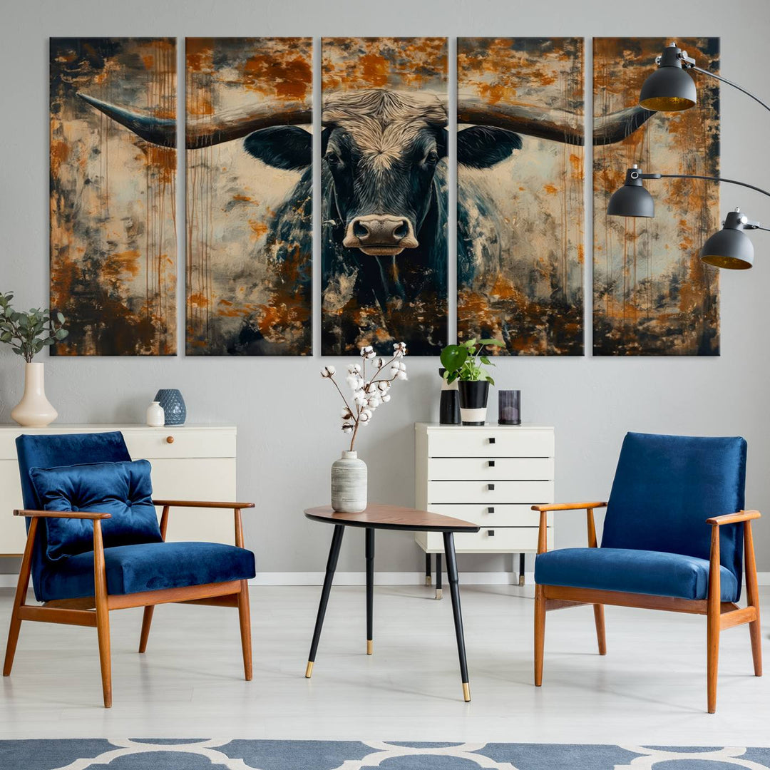 Abstract Longhorn Bull Wall Art | Rustic Western Wall Decor | Framed and Ready to Hang | Ideal for Farmhouse, Lodge, and Barn Decor