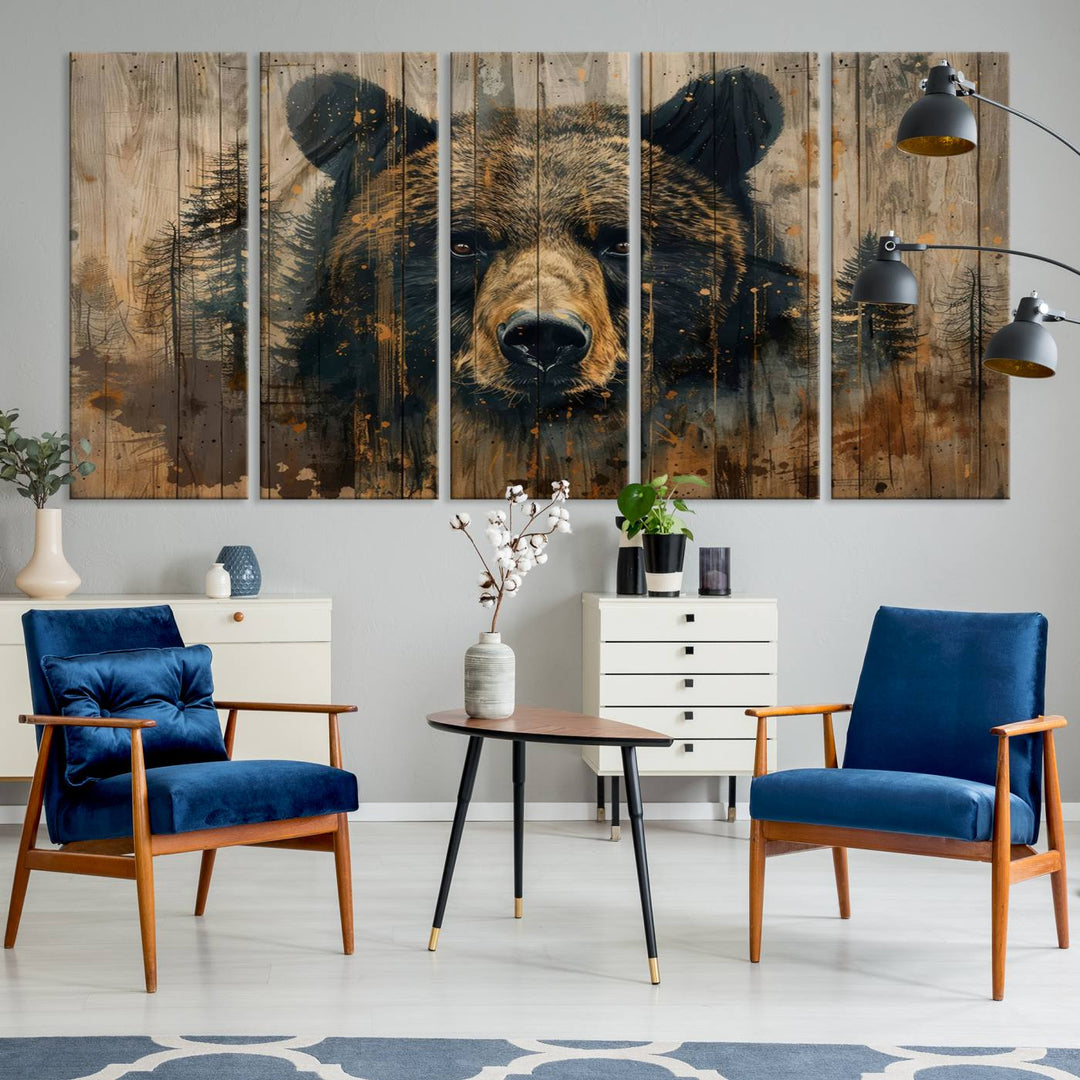 The Abstract 399 Bear Wall Art, featuring a rustic cabin theme with forest design, is framed and ready to hang. It's ideal for lodge, cabin, and barn decor and perfectly complements the nature lover's aesthetic.