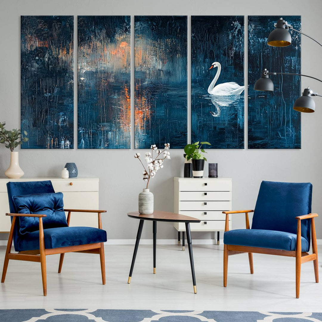 Abstract Swan Wall Art | Moody Blue and Orange Swan Painting on Canvas | Framed and Ready to Hang | Elegant and Modern Art for Living Room or Bedroom Decor