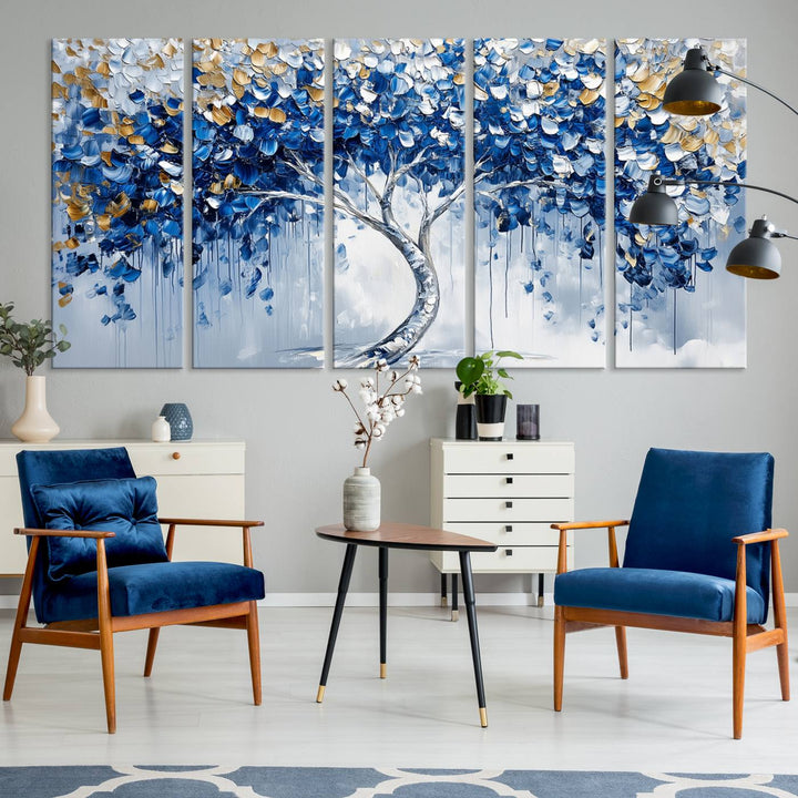 Elegant Blue and Gold Abstract Tree Wall Art | Textured Modern Tree of Life Painting | Framed Canvas Print | Ready to Hang for Dining Room Decor