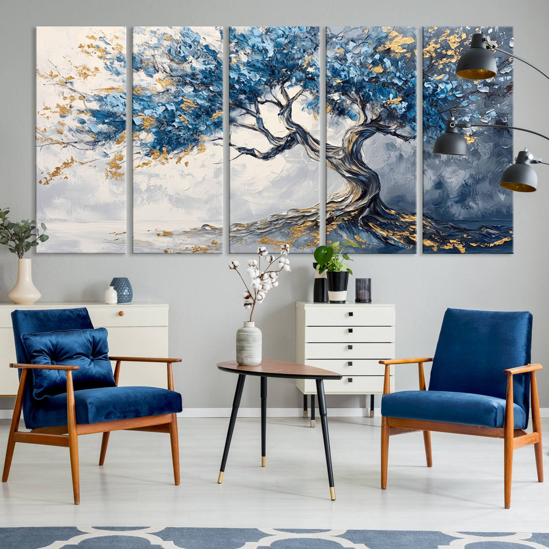 Elegant Abstract Tree Canvas Wall Art | Tree of Life Painting | Textured Art in Blue and Gold | Framed & Ready to Hang for Modern Living Room Decor