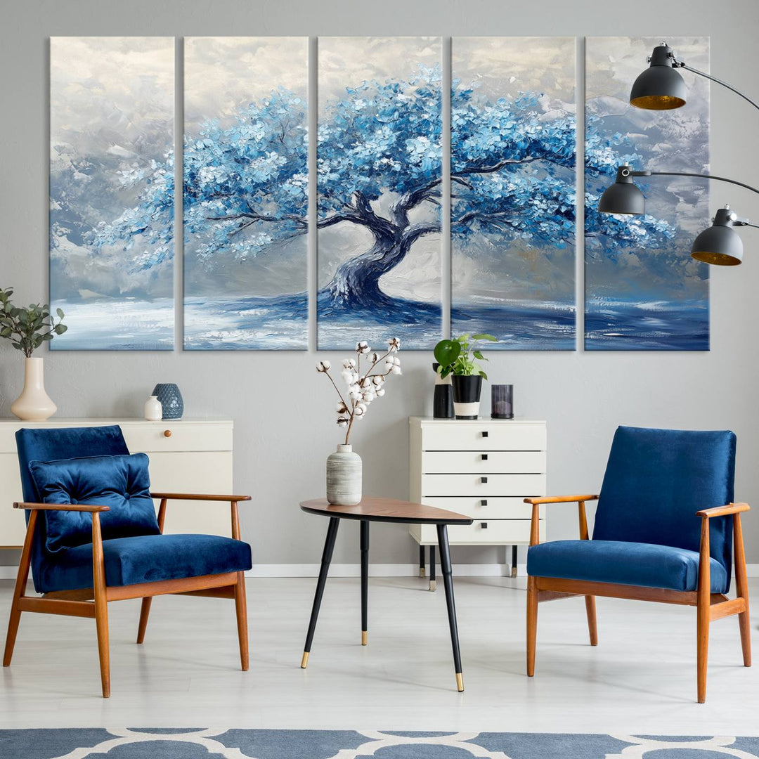 Serene Abstract Blue Tree Wall Art | Canvas Print of a Majestic Tree in Blue Hues | Perfect for Farmhouse, Coastal, and Modern Decor