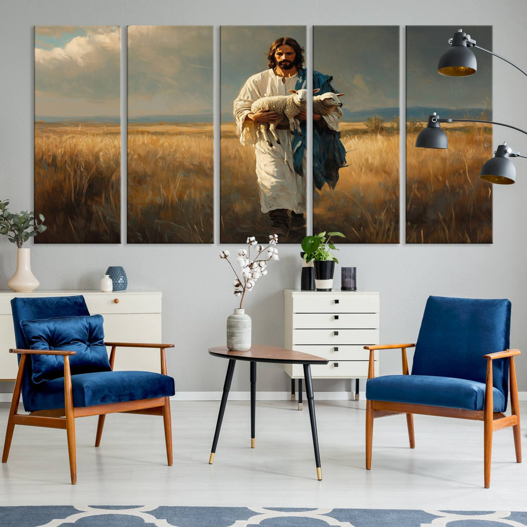 Jesus Shepherd Wall Art | Ready to Hang Triptych Canvas of Jesus Holding a Lamb in a Field | Inspirational Christian Decor for Home