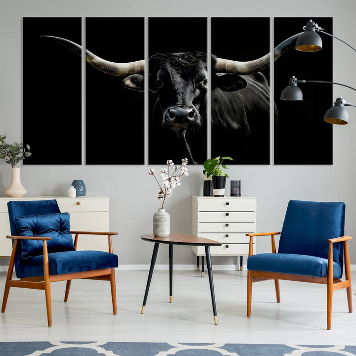 Texas Black Longhorn Bull Wall Art Canvas Print - Western Texas Cattle Rustic Decor Print - Longhorn Cow Wall Art